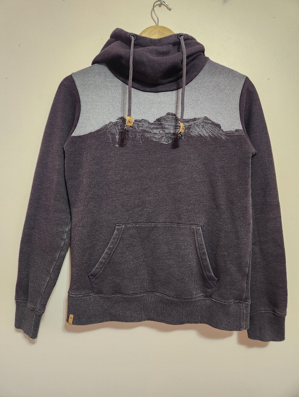 Tentree Mountain Graphic Cowl Neck Pullover Hoodie Sweatshirt Purple Grey Sz S